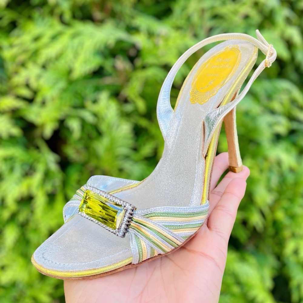 Rene Caovilla Bejeweled Rhinestone Buckle Metallic Leather Snakeskin Heel Sandal - Picture 1 of 11